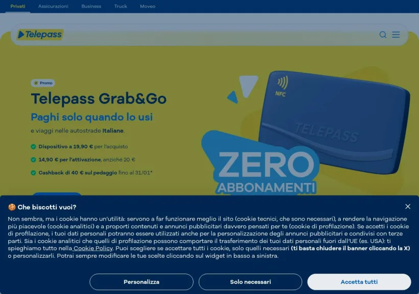 Schermata della pagina offerta di Telepass