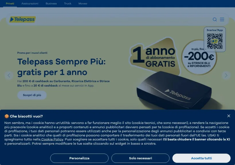 Schermata della pagina offerta di Telepass