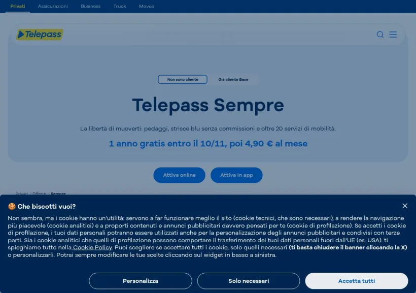 Schermata della pagina offerta di Telepass
