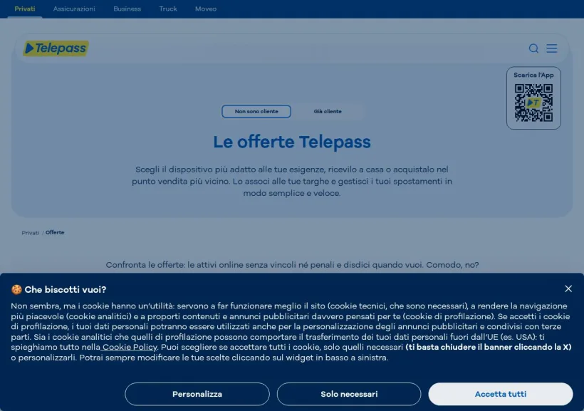 Schermata della pagina offerta di Telepass