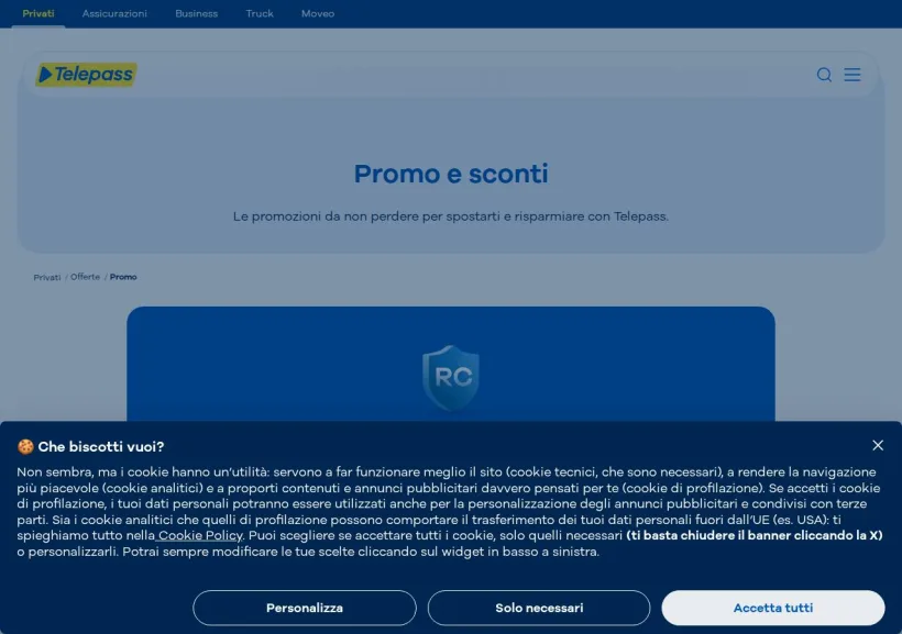Schermata della pagina offerta di Telepass