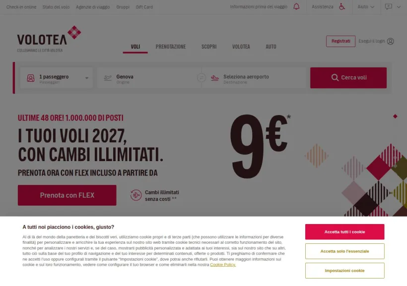 Schermata della pagina offerta di Volotea