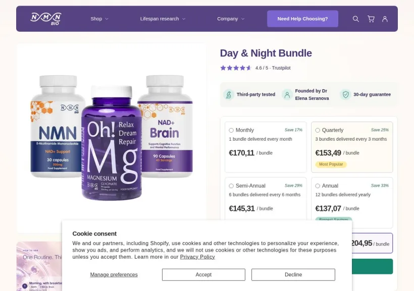 Schermata della pagina offerta di NMN Bio