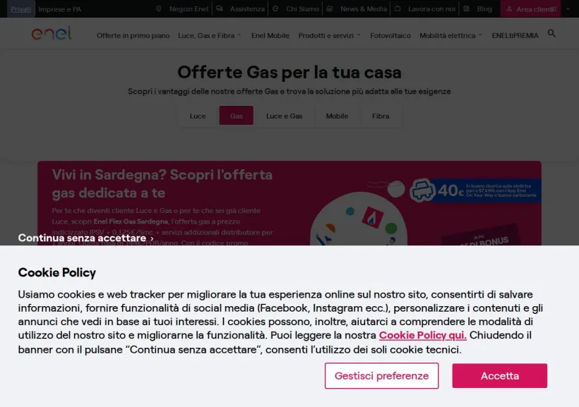 Schermata della pagina offerta di Enel