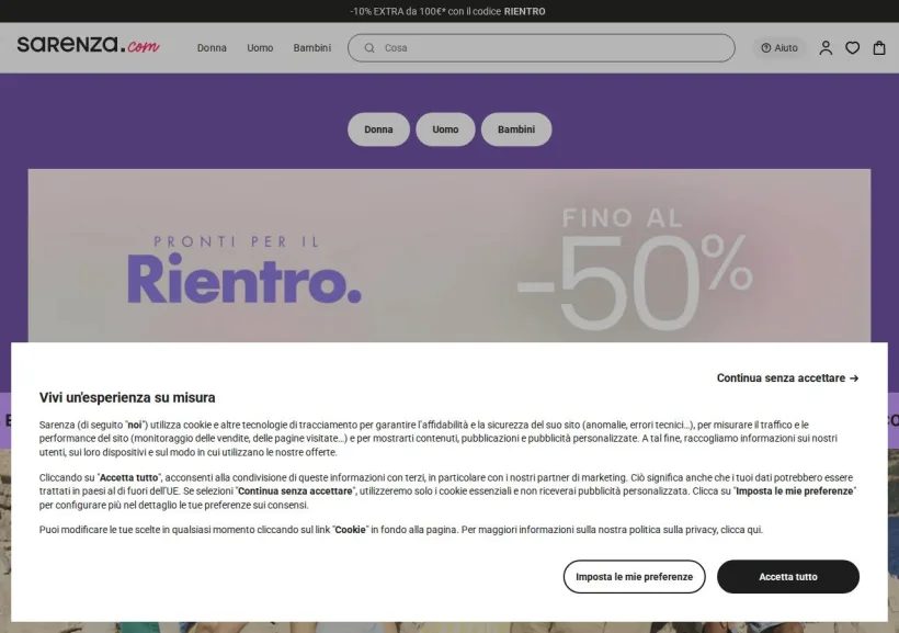Schermata della pagina offerta di Sarenza
