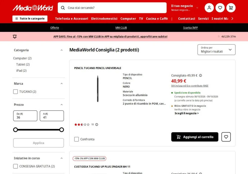 Schermata della pagina offerta di Mediaworld