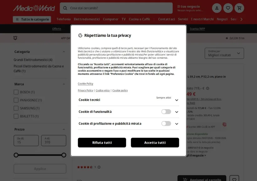 Schermata della pagina offerta di Mediaworld