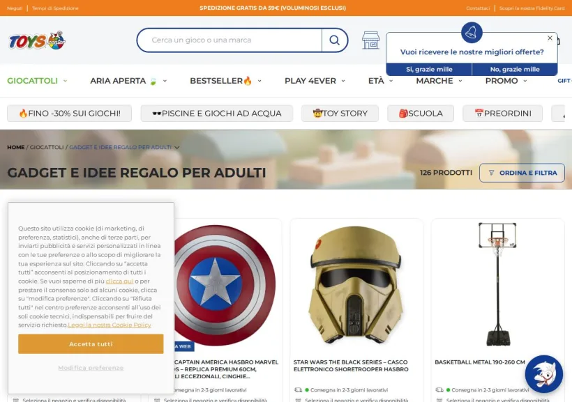 Schermata della pagina offerta di Toys Center