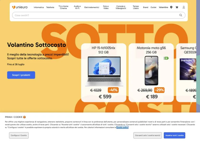 Schermata della pagina offerta di Unieuro