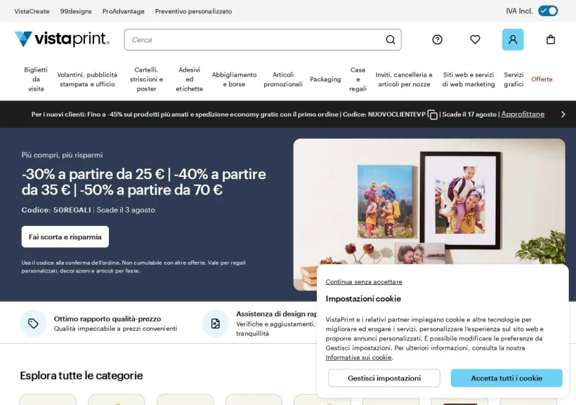 Schermata della pagina offerta di Vistaprint