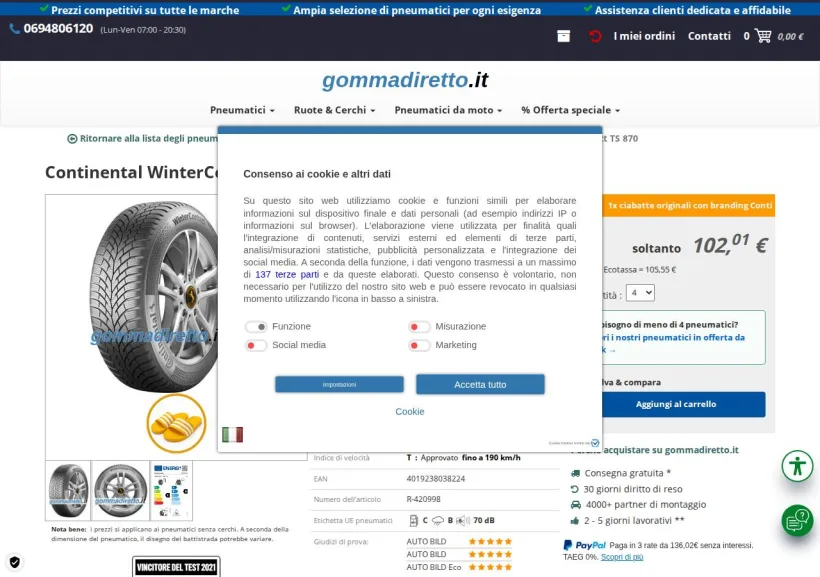 Schermata della pagina offerta di Gommadiretto