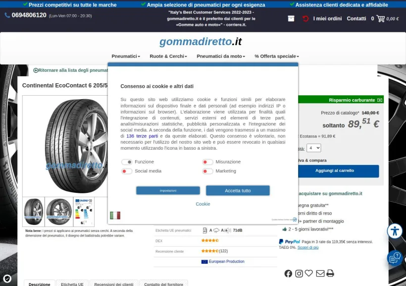Schermata della pagina offerta di Gommadiretto