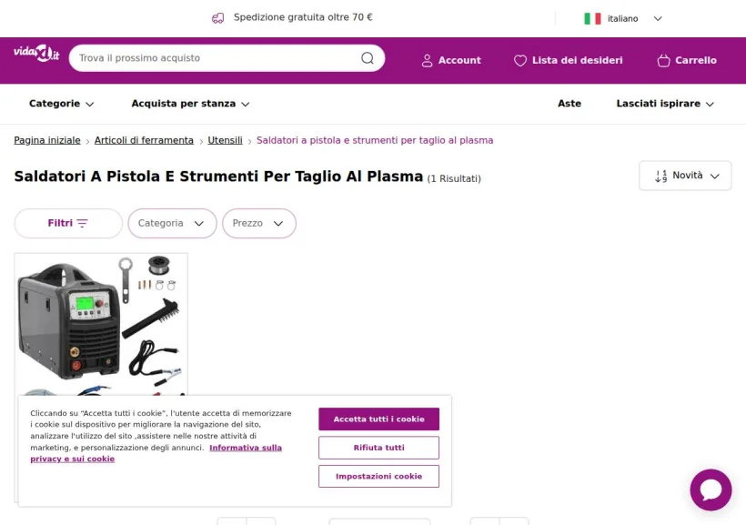 Schermata della pagina offerta di vidaXL