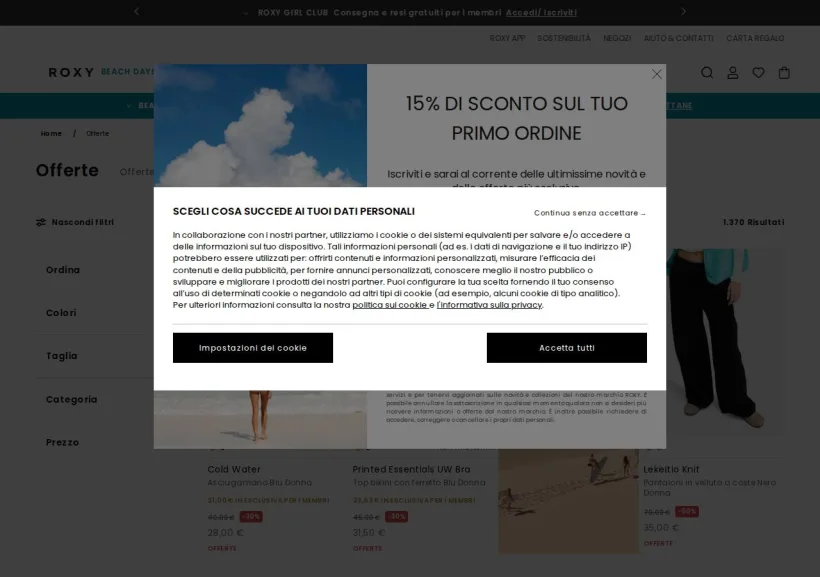 Schermata della pagina offerta di Roxy