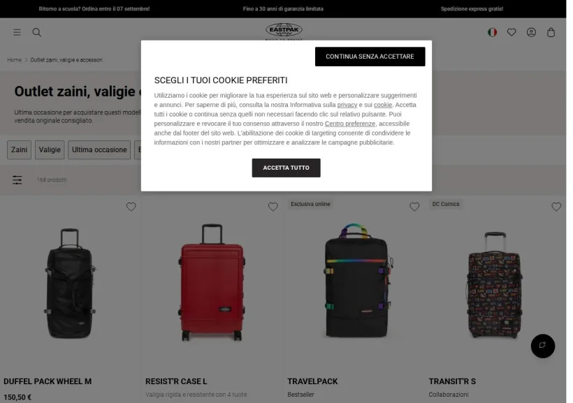 Schermata della pagina offerta di Eastpak
