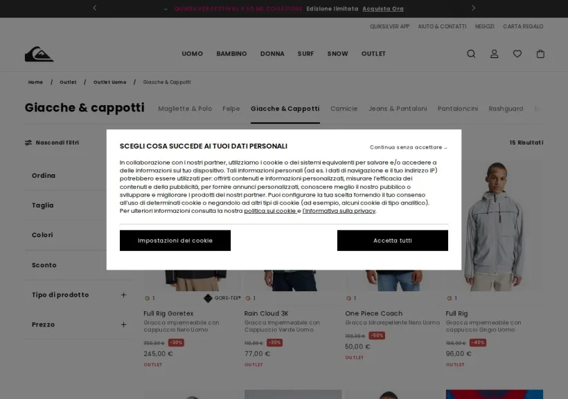 Schermata della pagina offerta di Quiksilver 