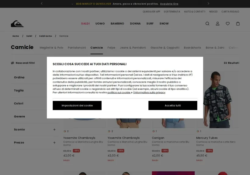 Schermata della pagina offerta di Quiksilver 