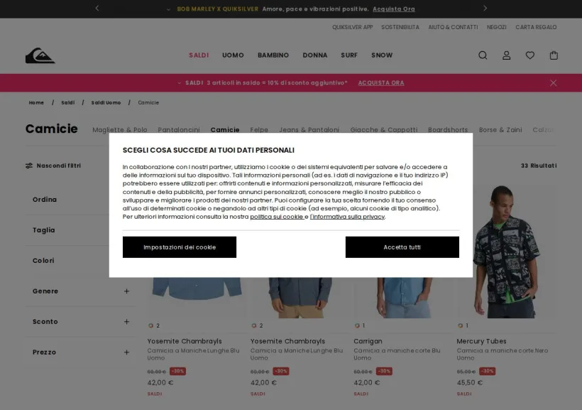 Schermata della pagina offerta di Quiksilver 