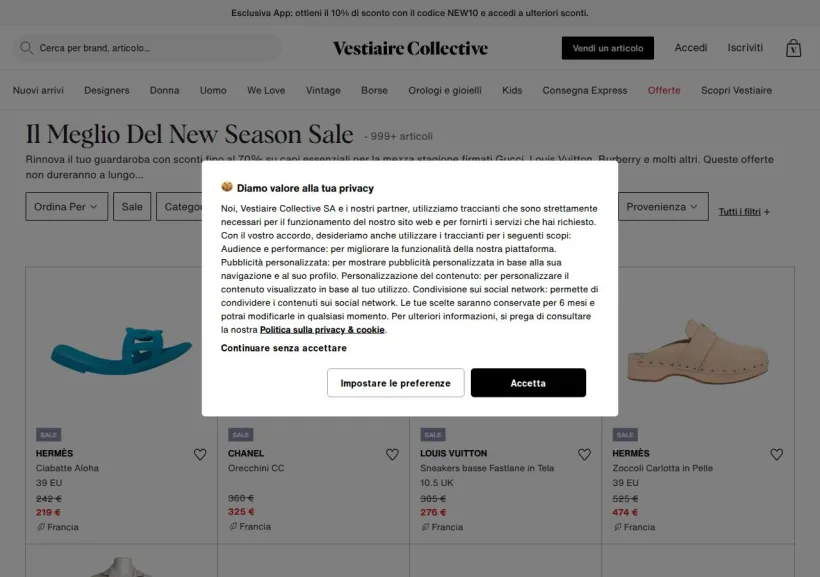 Schermata della pagina offerta di Vestiaire Collective