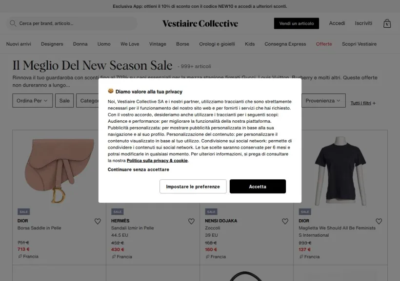 Schermata della pagina offerta di Vestiaire Collective