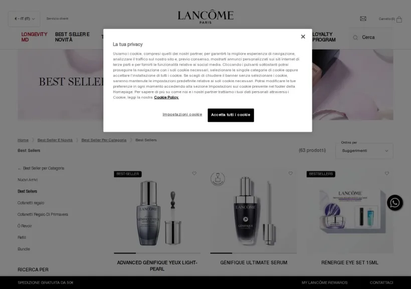 Schermata della pagina offerta di Lancome 