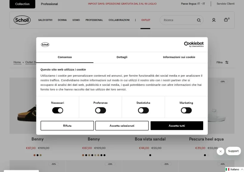 Schermata della pagina offerta di Scholl shoes