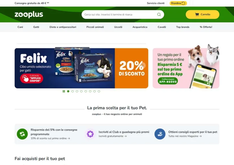 Schermata della pagina offerta di Zooplus
