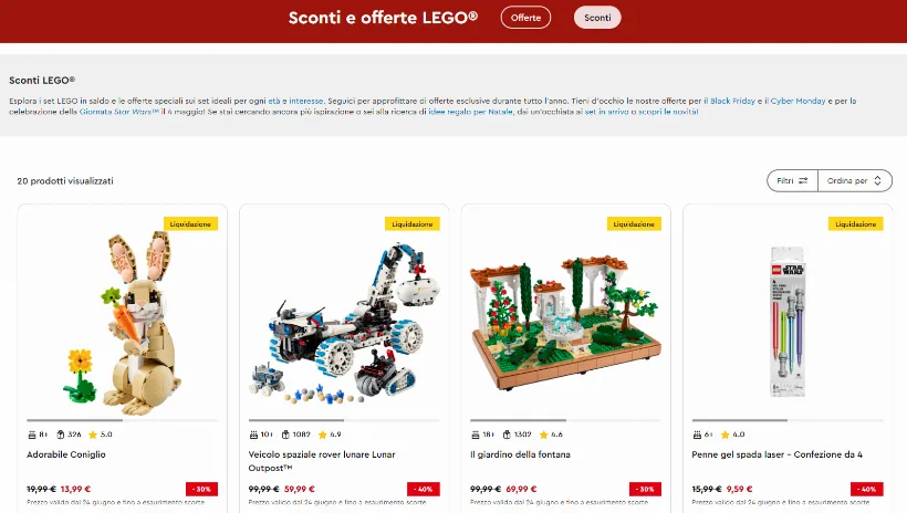 Schermata della pagina offerta di LEGO