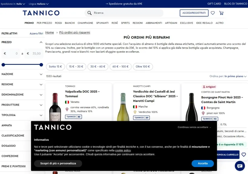 Schermata della pagina offerta di Tannico
