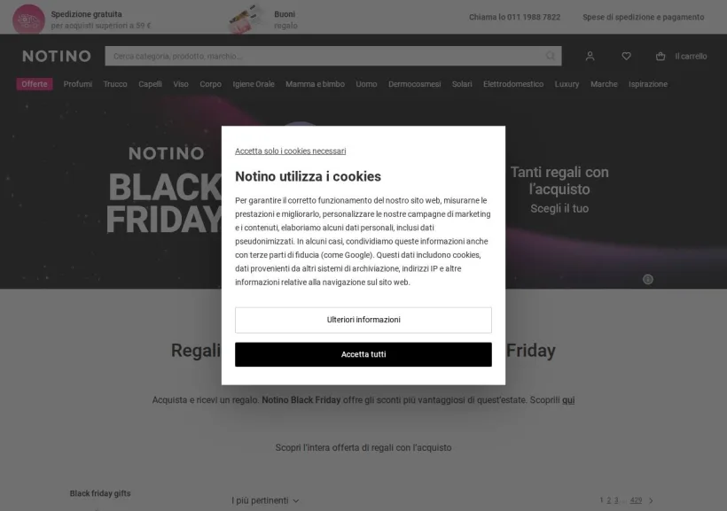Schermata della pagina offerta di Notino