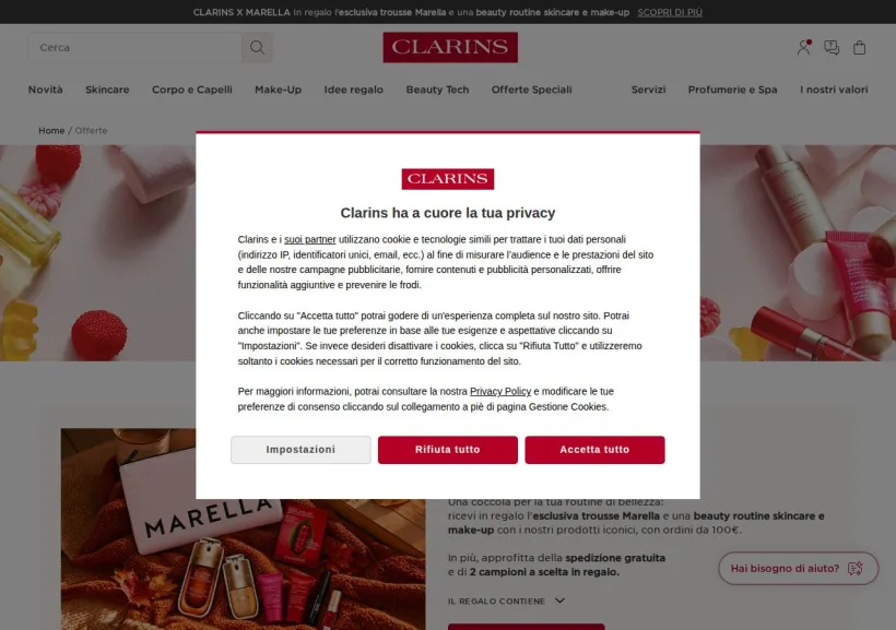 Schermata della pagina offerta di Clarins
