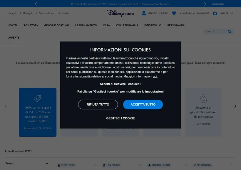 Schermata della pagina offerta di Shop Disney