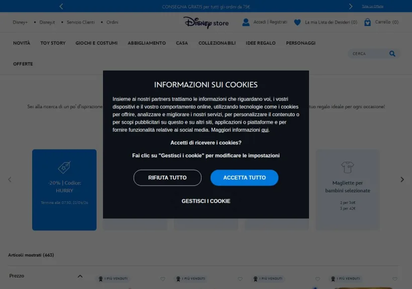 Schermata della pagina offerta di Shop Disney