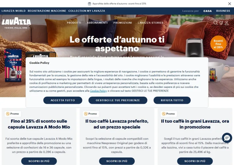 Schermata della pagina offerta di Lavazza
