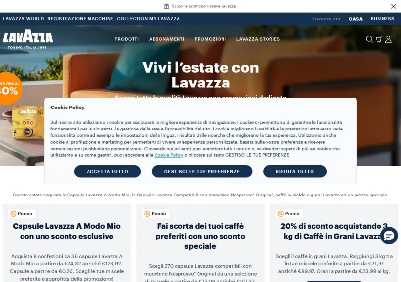 Schermata della pagina offerta di Lavazza