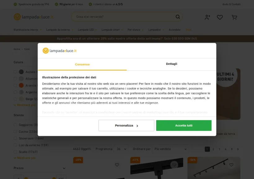 Schermata della pagina offerta di Lampada e Luce