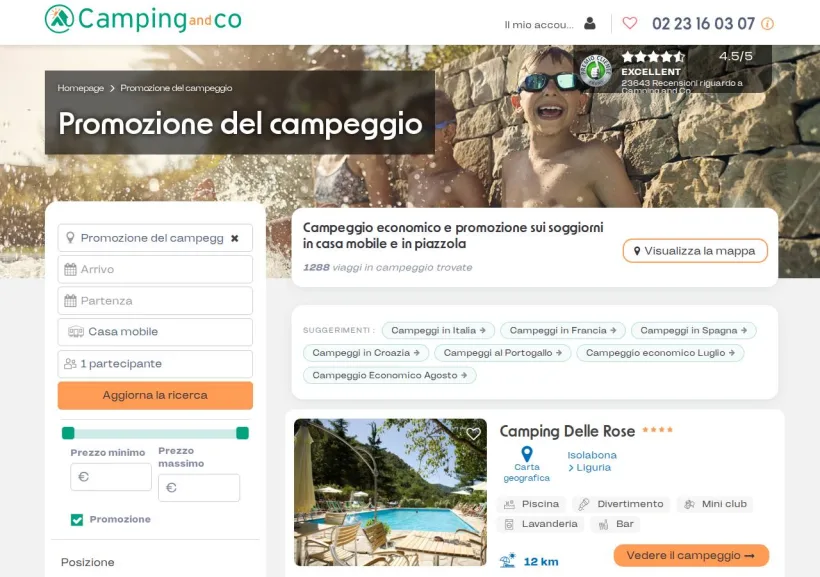 Schermata della pagina offerta di Camping and Co