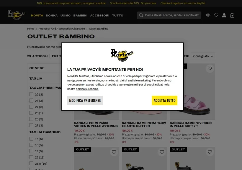 Schermata della pagina offerta di Dr Martens