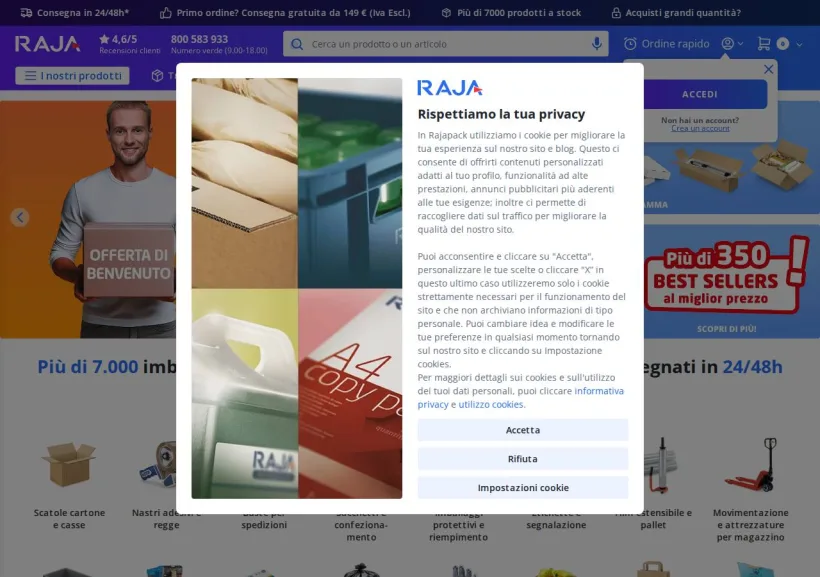 Schermata della pagina offerta di Rajapack
