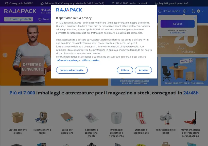 Schermata della pagina offerta di Rajapack