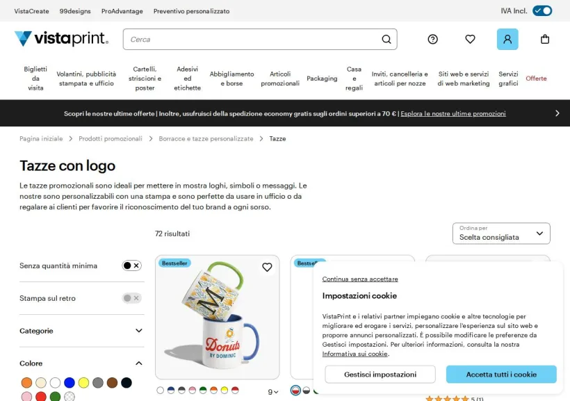 Schermata della pagina offerta di Vistaprint