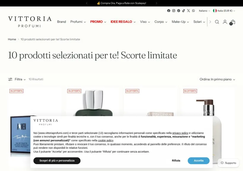 Schermata della pagina offerta di Vittoria Profumi
