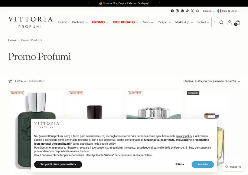 Schermata della pagina offerta di Vittoria Profumi