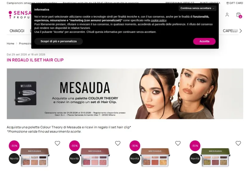Schermata della pagina offerta di SensationProfumerie