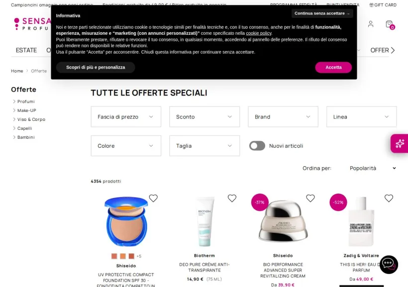 Schermata della pagina offerta di SensationProfumerie