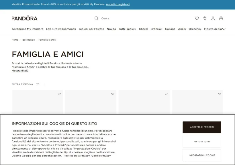 Schermata della pagina offerta di Pandora