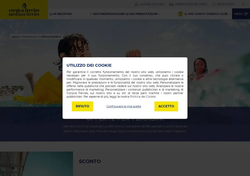 Schermata della pagina offerta di Corsica Ferries