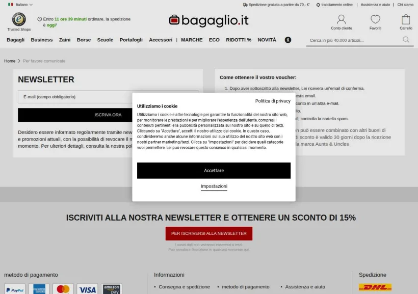 Schermata della pagina offerta di Bagaglio.it