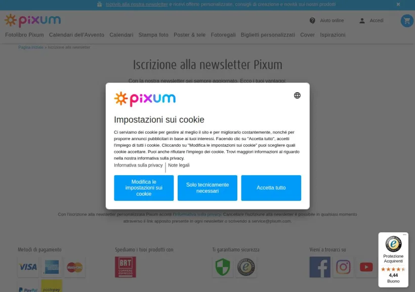 Schermata della pagina offerta di Pixum