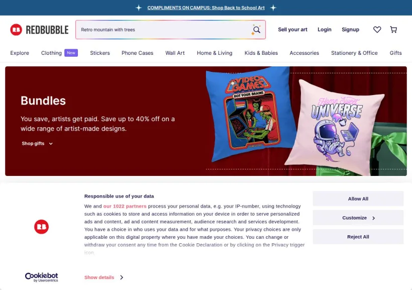 Schermata della pagina offerta di Redbubble